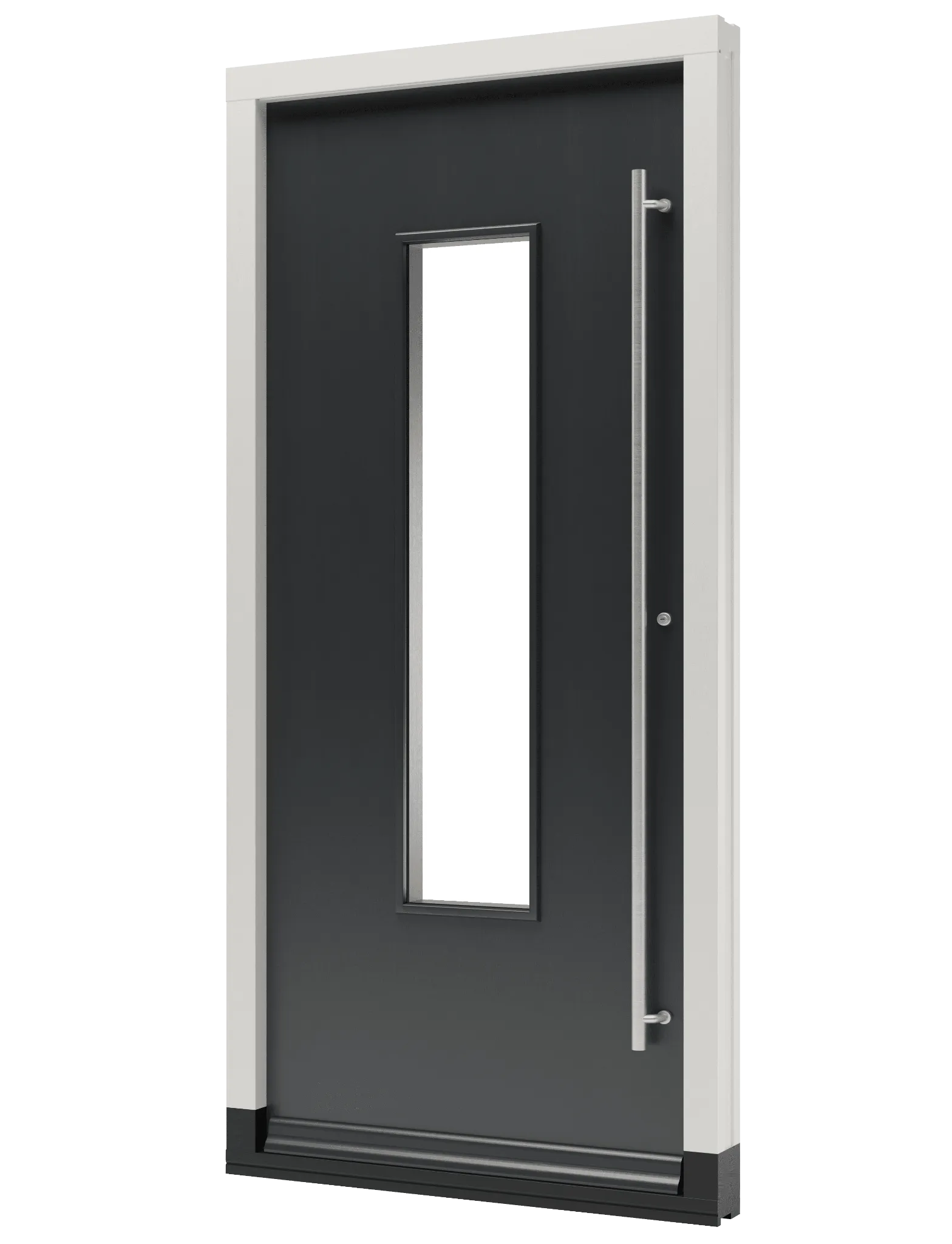 Houten voordeur met glas in het midden en een lange handgreep