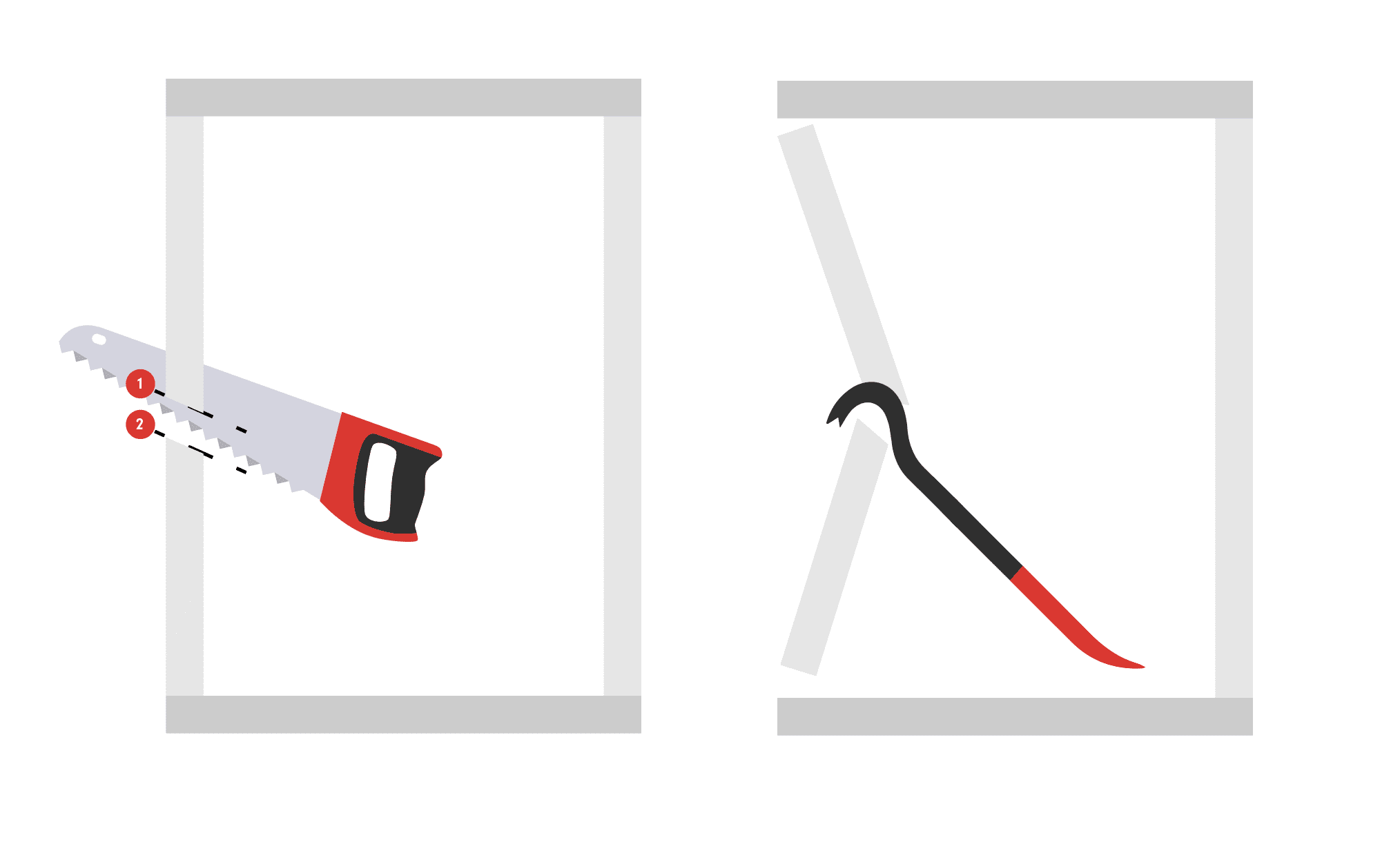 Schematische uitleg van het verwijderen van een bestaand kozijn met handzaag en koevoet – Toelevering Online