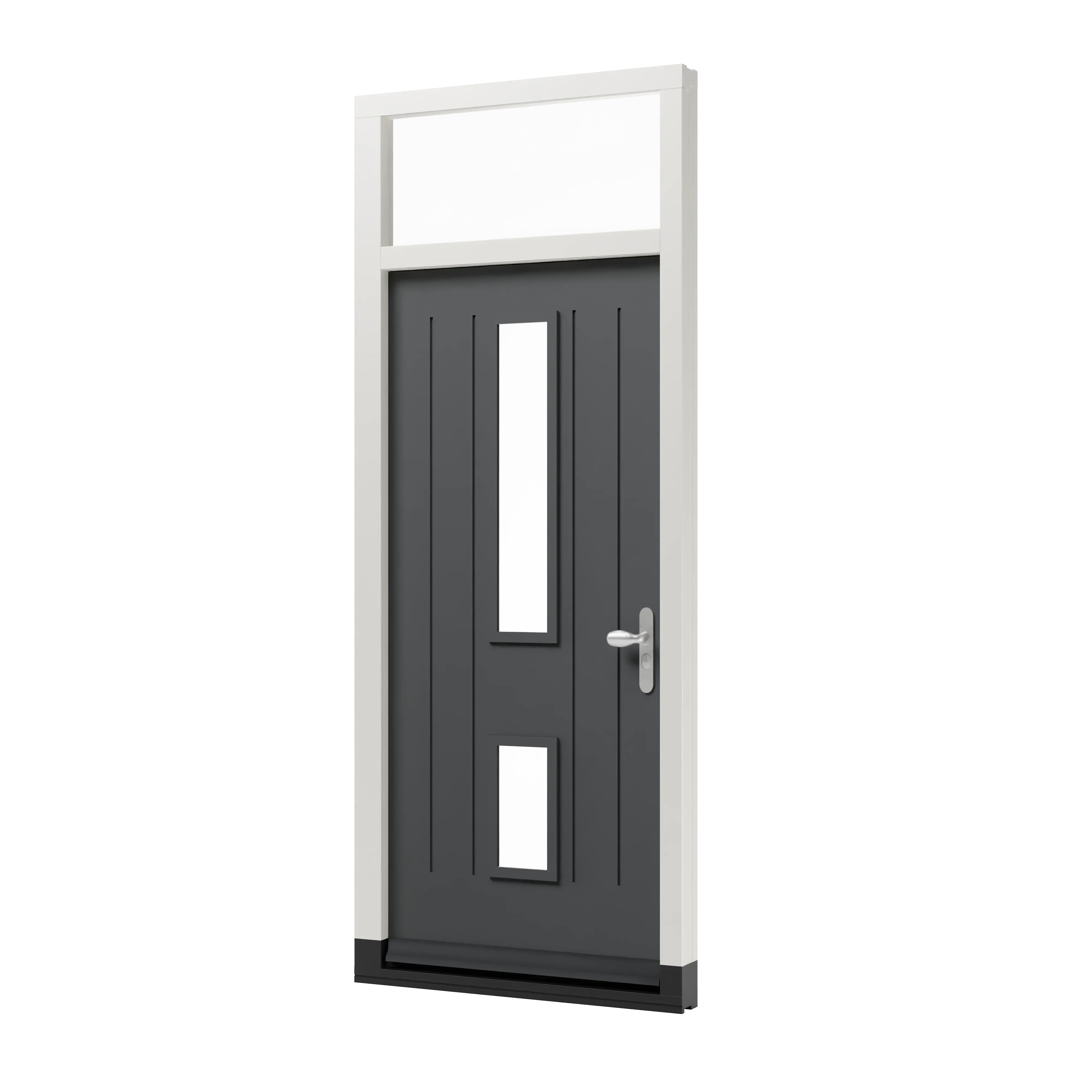 Houten voordeur voorzien van groeven en twee glasvelden. Het kozijn is inclusief bovenlicht